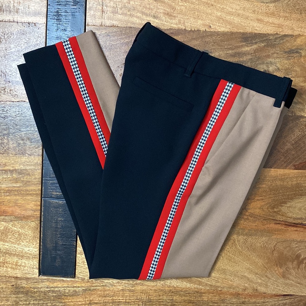 Barbara Bui Roxy wool trousers black tan red houndstooth stripe Paris two tone